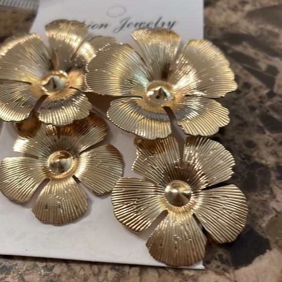 Gold Double Flower Drop Earrings - Picture 9 of 9